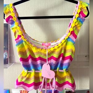 Sugar Thrillz Dolls Kill Crochet Print Top Multicolor Zig Zag Size S NWT